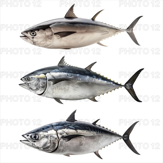 Three isolated images of Tuna fish with transparent background. AI generated