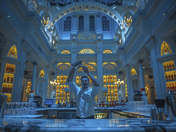 Bartender mixes cocktails in an elegant hotel, AI generated