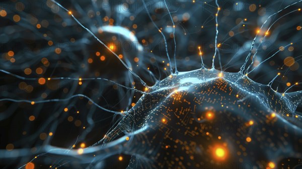 Abstract sci-fi image of glowing blue and orange neurons and synapses forming a luminous network,