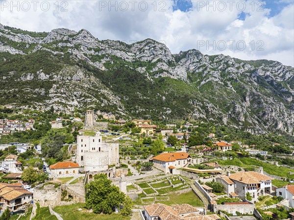 Kruje and Mount Kruje from a drone, Ishem River, Albania, Europe