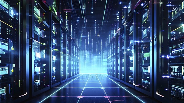 Server racks aligned in rows within a cloud computing data center background and data streams