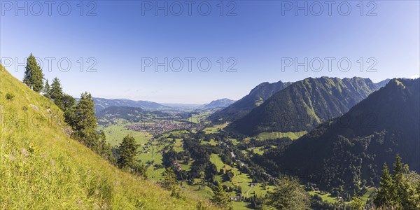 Panorama from Himmelschrofen, 1790m, into the Illertal and Oberstdorf, Allgaeu Alps, Allgaeu,