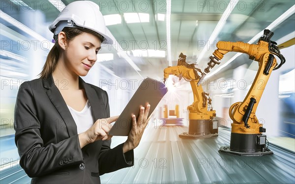 Industrial engineer with tablet control, automation of robotic arms, intelligent monitoring, AI