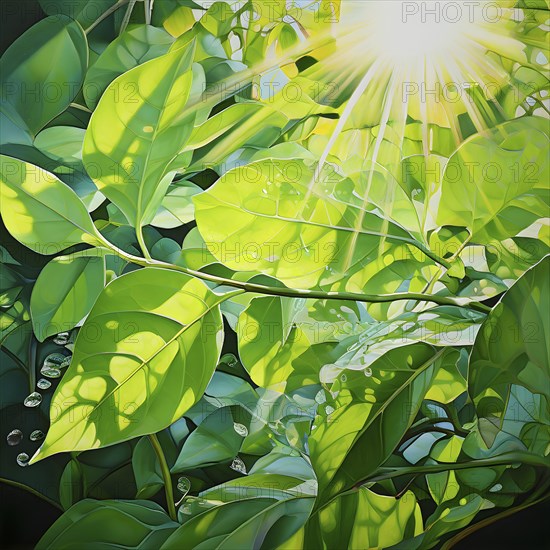 Abstract digital painting embodying sustainability with intertwining leaves glisten with water