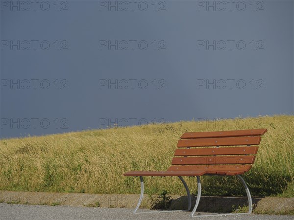Lonely wooden bench on a grassy field under a dark, cloudy sky, Baltrum Germany
