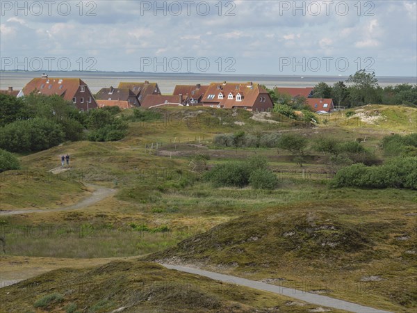 View of houses in the dunes with green vegetation and sea in the background under a cloudy sky,