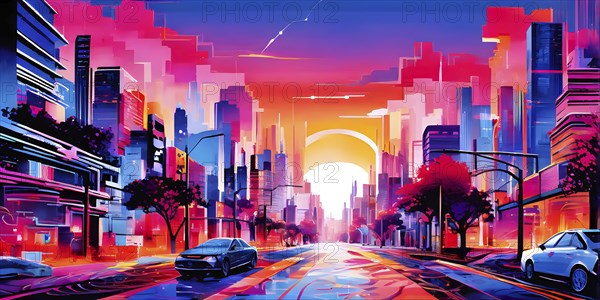 Urban cityscape collage featuring a mosaic of vibrant colors, AI generated