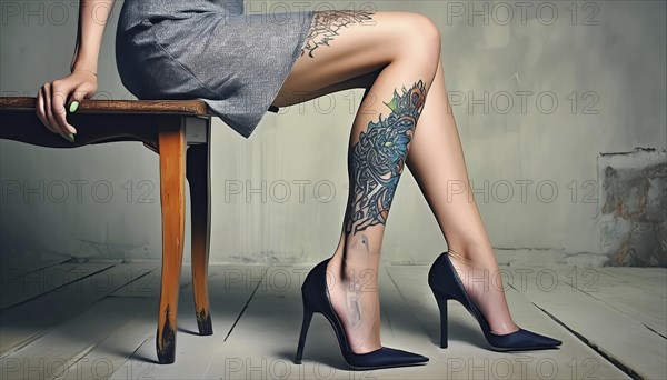 Woman sitting on a table, showing tattoos on her legs and wearing a grey dress and black