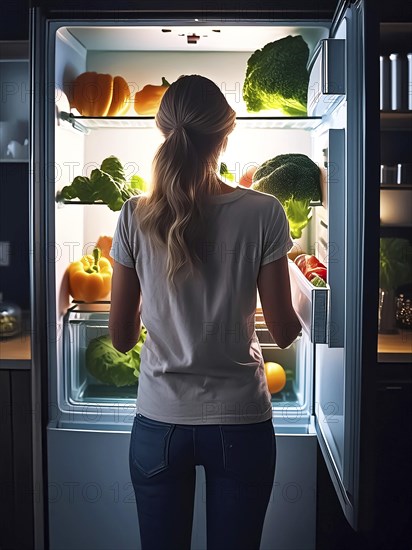 A young woman stands in front of the open fridge with lots of vegetables in it, healthy eating, AI