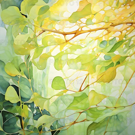 Abstract digital painting embodying sustainability with intertwining leaves glisten with water