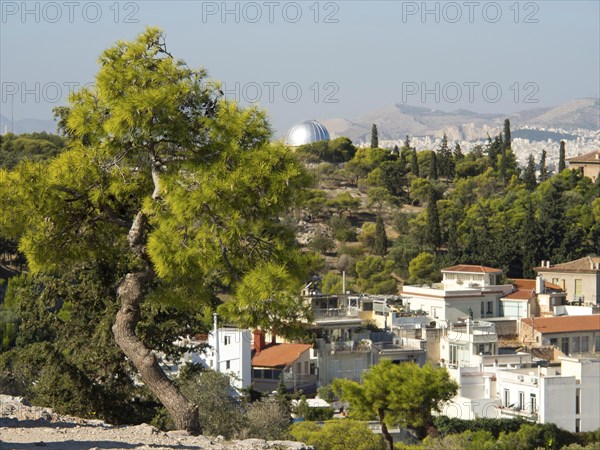 Green trees and houses on a hill overlooking a city, Ancient buildings with columns and trees on