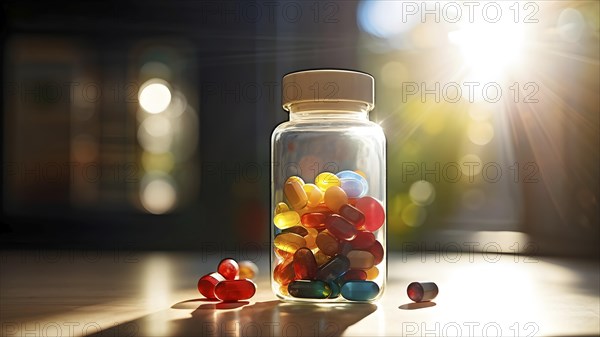 Glass bottle filled with assorted colored painkiller pills, AI generated