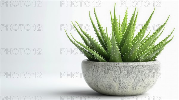 Aloe vera plant in a concrete pot with a white background, presenting a minimalist and modern style