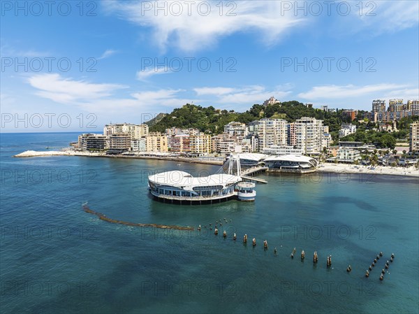 Pier and Promenade in Durres from a drone, Adriatic Sea, Albania, Europe