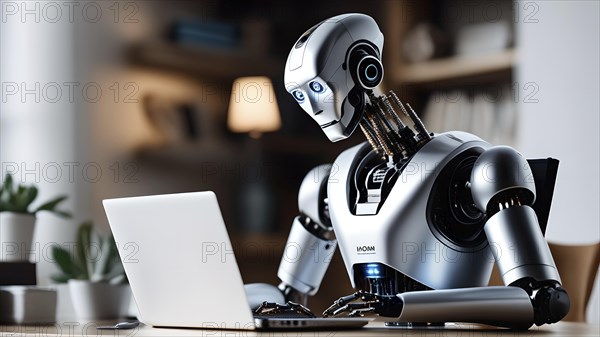 Android, robot writing on a laptop in the home office, symbolic image artificial intelligence
