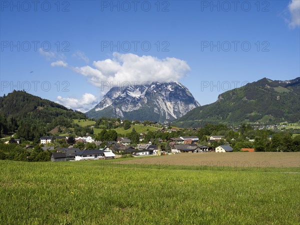 Meadow and farmland, behind the Grimming, near Aigen im Ennstal, Styria, Austria, Europe
