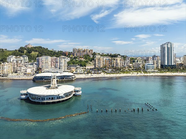 Pier and Promenade in Durres from a drone, Adriatic Sea, Albania, Europe