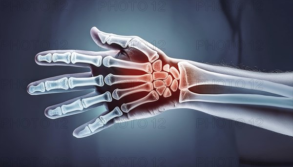An outstretched hand, shown in the X-ray image with bone areas highlighted in red, AI generated, AI