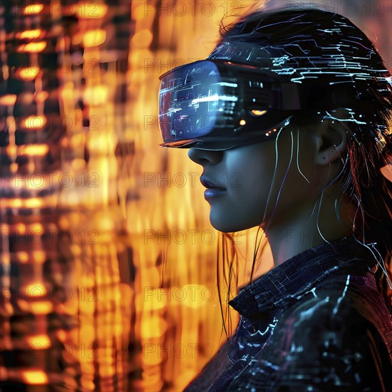 Portrait of a woman with data goggles displaying intricate streams of digital information against