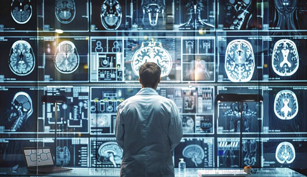 Concept of neural science, brain computer AI interface, scan, brain neurology and neural network,