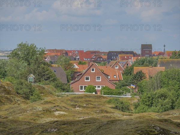 A village with red roofs, nestled between green hills and trees, Baltrum Germany