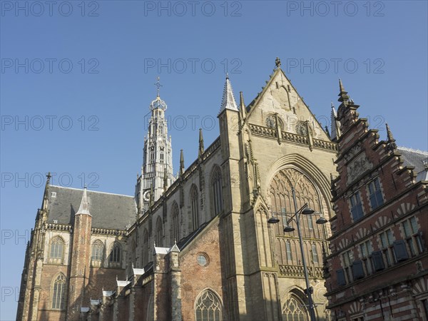 View of a Gothic church and neighbouring historic buildings under a clear sky, Haarlem, Netherlands
