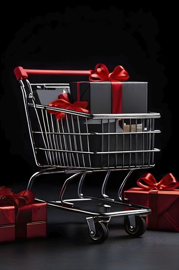 Black friday shopping cart brimming with black gift boxes tied with red ribbons against a dark grey
