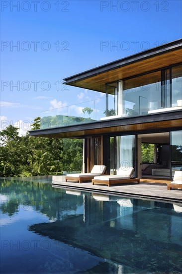 Luxurious wooden house with swimming pool reflecting the opulence of billionaires nestled in