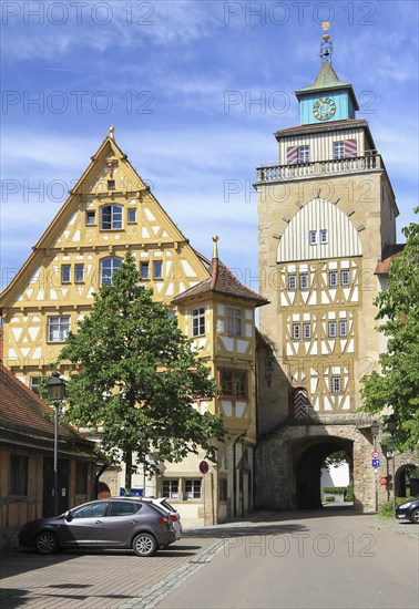 Wimpelinhaus with the only preserved town gate, Markgroeningen, Baden-Wuerttemberg, Germany, Europe