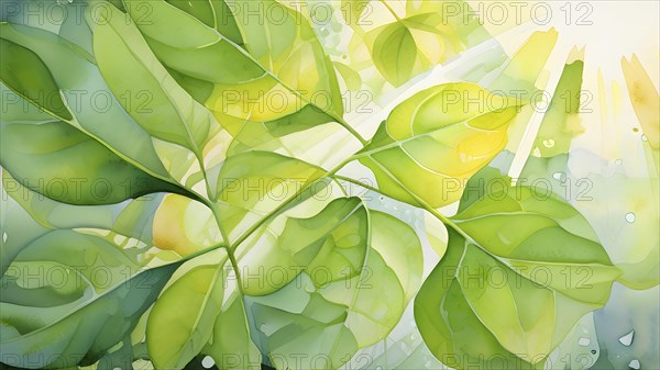 Abstract digital painting embodying sustainability with intertwining leaves glisten with water