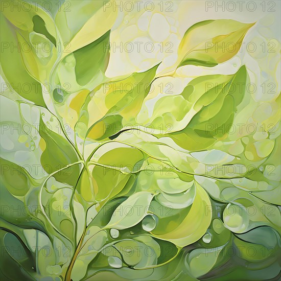 Abstract digital painting embodying sustainability with intertwining leaves glisten with water