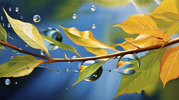 Abstract digital painting embodying sustainability with intertwining leaves glisten with water