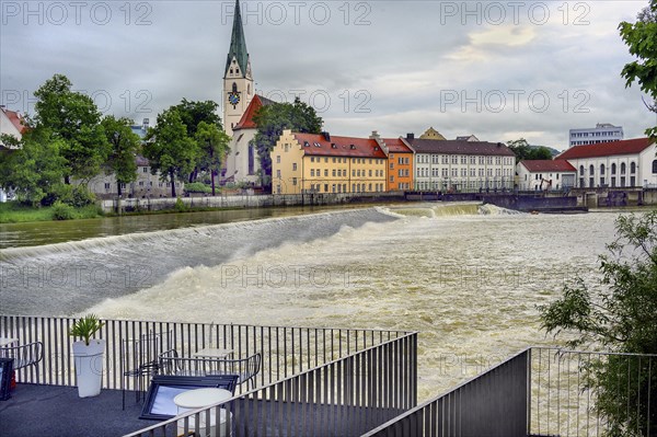 Flood at the Iller dam Ueberlandwerk, Kempten, Allgaeu, Swabia, Bavaria, Germany, Europe