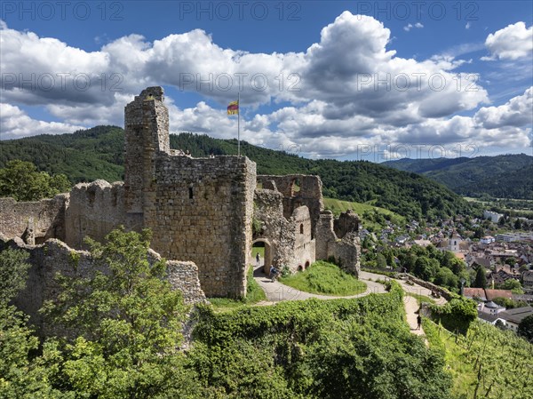 Aerial view of Staufen Castle, on a vineyard, Schlossberg, Staufen im Breisgau, Markgraeflerland,