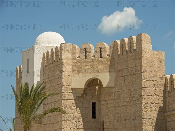 Historical building with white dome and jagged wall, next to it a palm tree in front of a blue sky,
