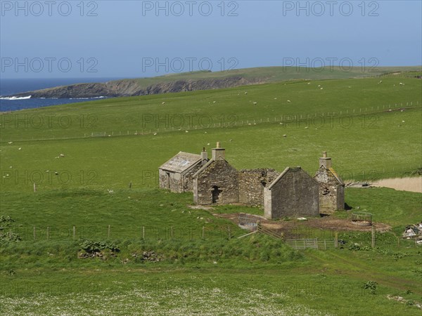 An old stone building stands alone in a green field under a clear blue sky, Green meadows by the