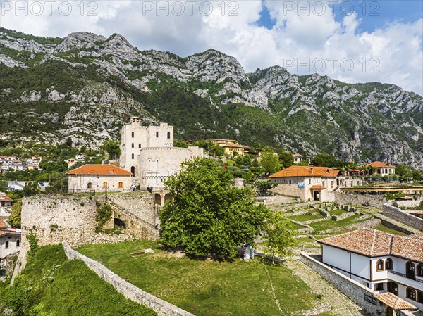 Kruje and Mount Kruje from a drone, Ishem River, Albania, Europe