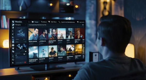 Digital streaming platform with movies and series on large TV screen, AI generated