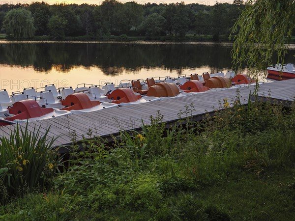 A row of pedal boats is moored to a jetty in the calm waters of a lake. The evening sky in the