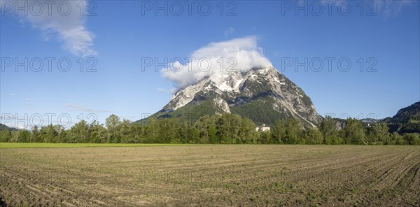 Field, mountain range Grimming in the morning light, panoramic view, near Irdning, Styria, Austria,