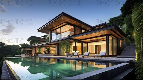 Luxurious wooden house with swimming pool reflecting the opulence of billionaires nestled in