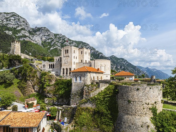 Kruje and Mount Kruje from a drone, Ishem River, Albania, Europe