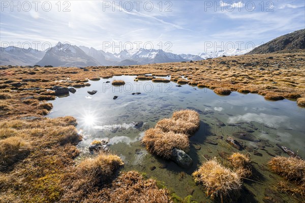 Small lake on the high plateau of the Gurgler Seenplatte, glaciated mountain peaks in the