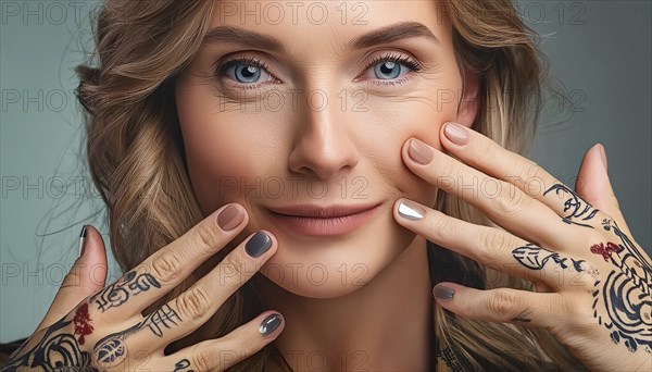 Blonde woman with tattoos on her hands and different nail polish colours, smiling gently. Close-up,