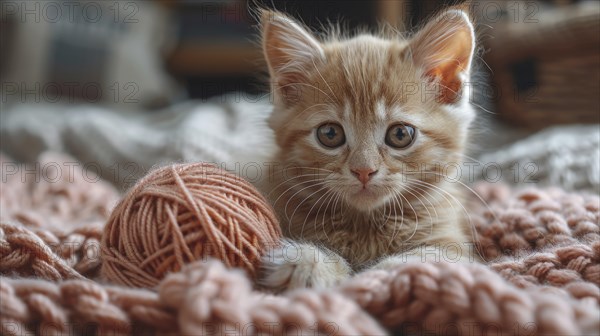 An orange-furred kitten looks curious while playing with a pink yarn ball on a soft blanket, AI