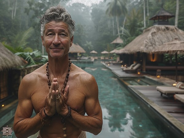 Ein Mann meditiert vor einem tropischen Pool umgeben von Nebel und traditionellen Balihuetten, AI