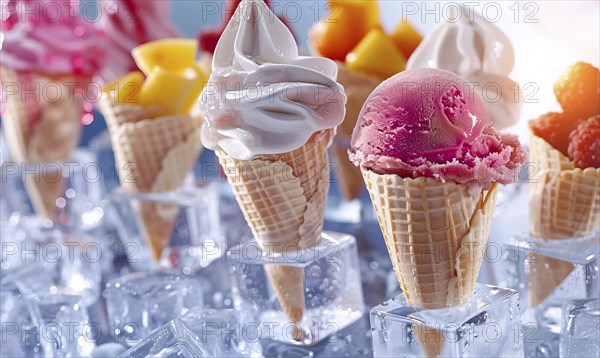 A row of ice cream cones with different flavors, AI generated