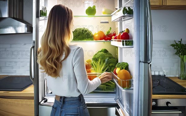 A young woman stands in front of the open fridge with lots of vegetables in it, healthy eating, AI