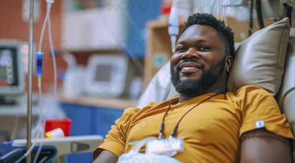 Black patient in the hospital waiting for doctor visit him and check his health status, AI