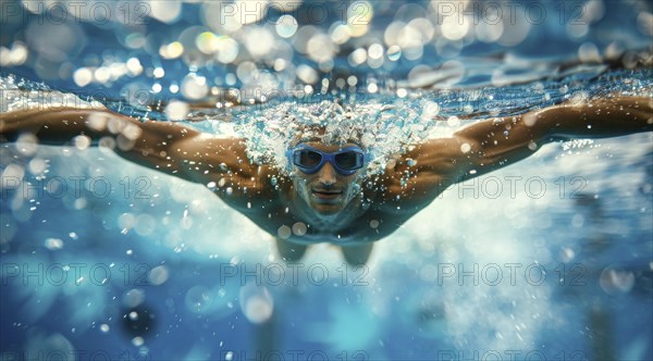 Competitive muscular athlete swim butterfly style in a pool. Concept of leadership and power, AI